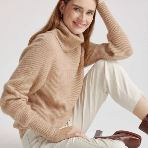 Quince Baby Alpaca-Wool Turtleneck Sweater, Camel Color (M) - Picture 4 of 5
